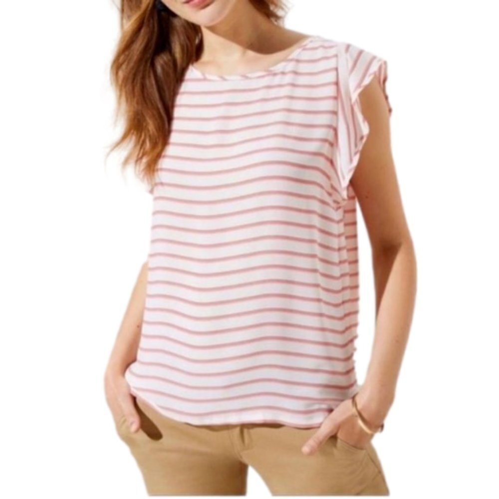 New Loft Short Sleeved White Peach Striped Blouse Top- Size Medium (bin 2B)